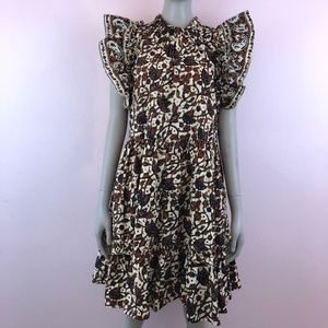 House of Harlow 1960 tiered ruffle dress folk batik bark print short sleeve boho